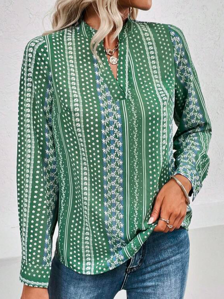 

Casual Loose Geometric Allover Print Notched Neckline Blouse, Green, Shirts & Blouses