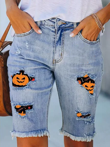 

Women's Casual Pumpkin Bat Ripped Denim Shorts Party Halloween Costume, Blue, Shorts