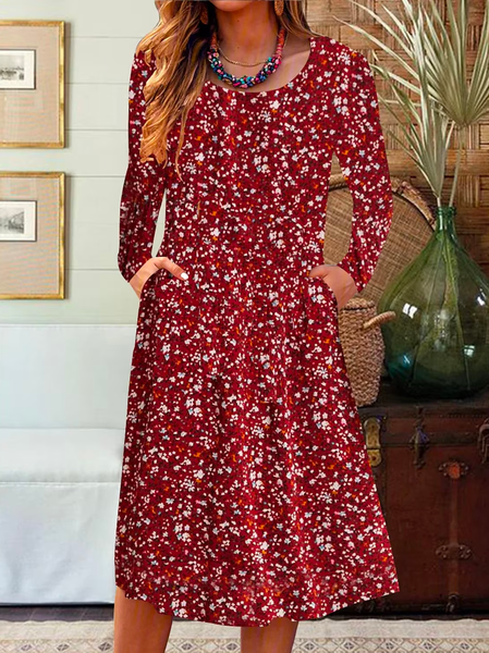 

Loose Crew Neck Floral Casual Dress, Red, Dresses