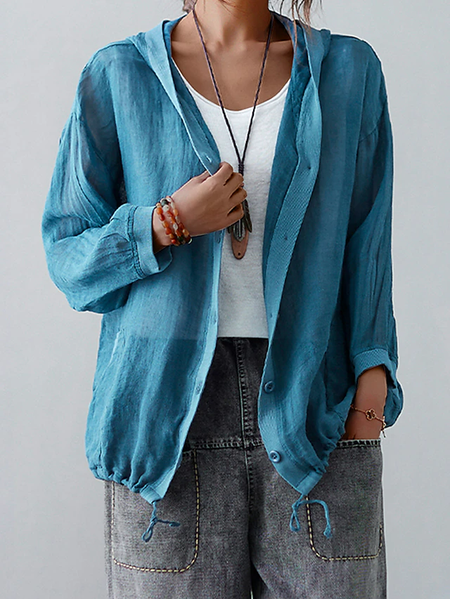 

Hoodie Long Sleeve Plain Drawstring Regular Loose Kimono For Women, Blue, Kimono