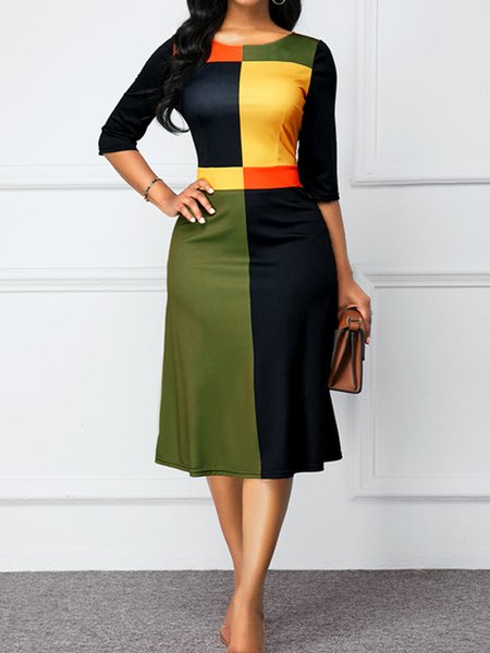 

Urban Color Block Crew Neck Dress, Multicolor, Midi Dresses