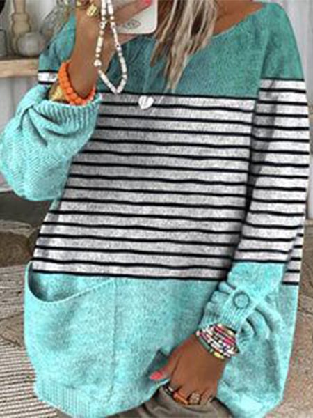 

Crew Neck Striped Casual Sweater, Blue, Sweaters