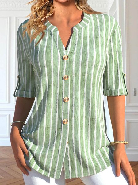 

Striped Notched Casual Buttoned Long Sleeve Loose Blouse, Green, Shirts & Blouses
