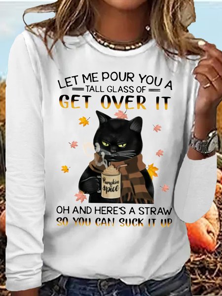 

Women's Sarcasm Letters Black Cat Print Casual Shirt, White, Long sleeves