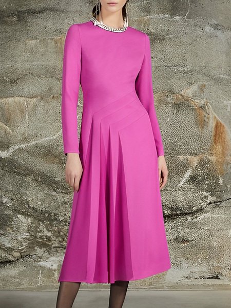 

Elegant Plain Tight Crew Neck Dress, Pink, Midi Dresses