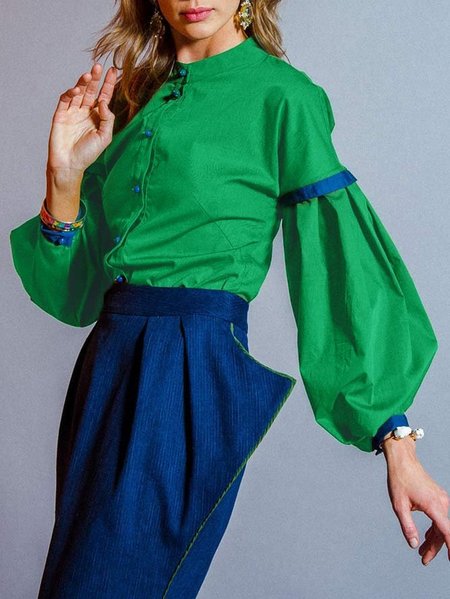 

Long sleeve Color Block Urban Stand Collar Blouse, Green, Blouses and Shirts