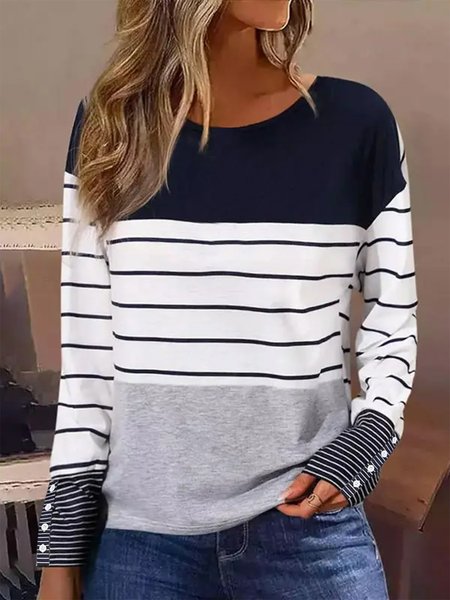 

Women Striped Crew Neck Casual Long Sleeve T-shirt, Dark blue, Tops