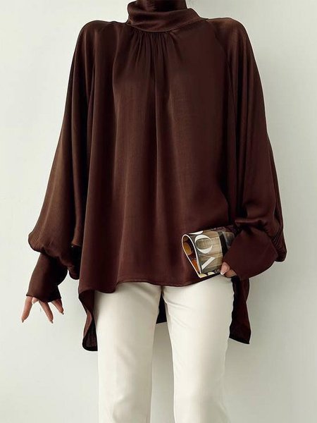 

Turtleneck Plain Urban Loose Long Sleeve Shirt, Coffee, Blouses and Shirts