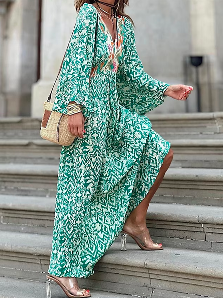 

V Neck Ethnic Elegant Dress, Green, Dresses