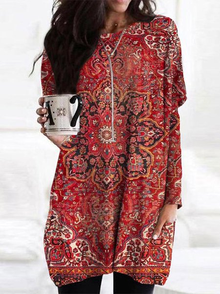 

Loose Casual Ethnic Crew Neck Shirt, Red, Shirts & Blouses
