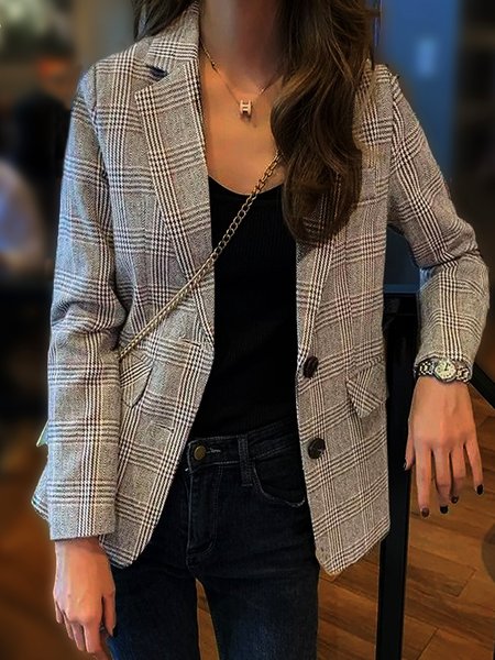 

Plaid Buckle Long Sleeve Lapel Collar Casual Blazer, Gray, Blazers