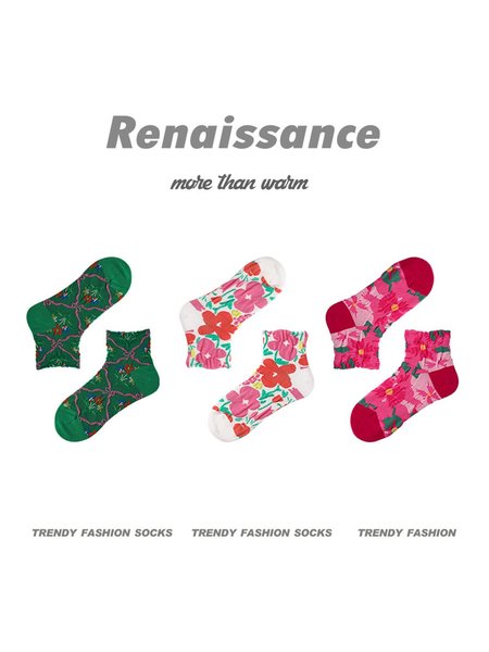 

Renaissance Color Contrast Stitching Flowers Striped Geometry Breathable Socks Set Combination, Color8, Socks