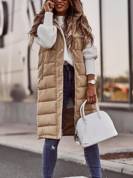 

Women's Casual Plain Thick Cotton Jacket With Hood Long Vest Urban Daily Clothing, Beige, Vests & Gilets