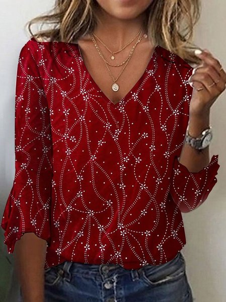

Loose Knitted V Neck Casual Shirt, Red, Shirts & Blouses