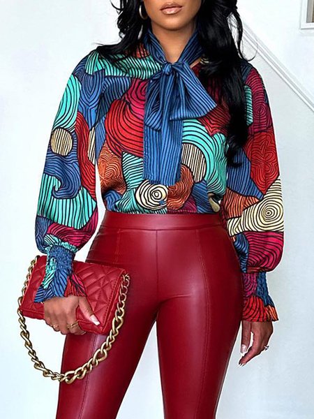 

Bow Abstract Print Urban Long Sleeve Blouse, Red, Blouses and Shirts