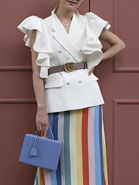 Short Sleeve Lapel Collar Elegant Plain Vest, White, Vests and Gilets