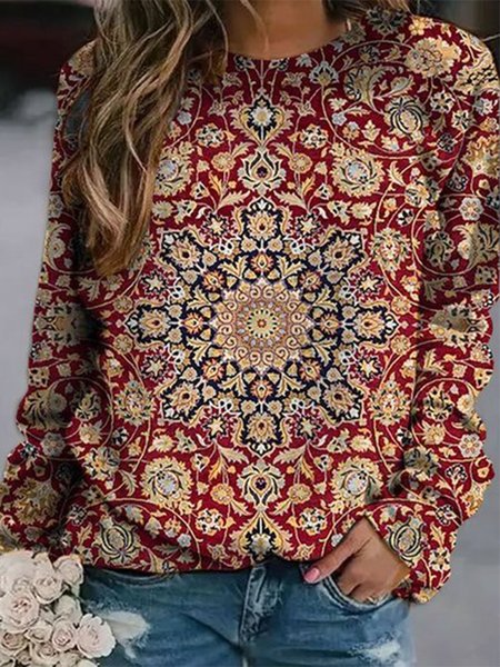 

Casual Ethnic Crew Neck Loose Sweatshirt, Red, Sweatshirts & Hoodies