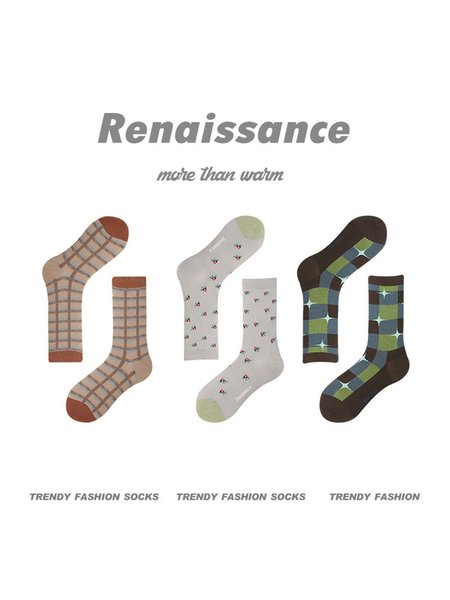 

Art Contrast Color Rabbit Floral Plaid Stars  Combination Stocking Set, Color3, Socks