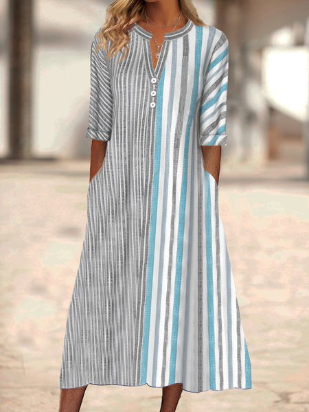 

Striped Stand Collar Casual Loose Dress, Gray, Dresses