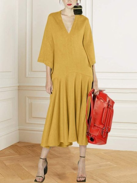

Plain Elegant Loose Three Quarter sleeve Dress, Yellow brown, Midi Dresses