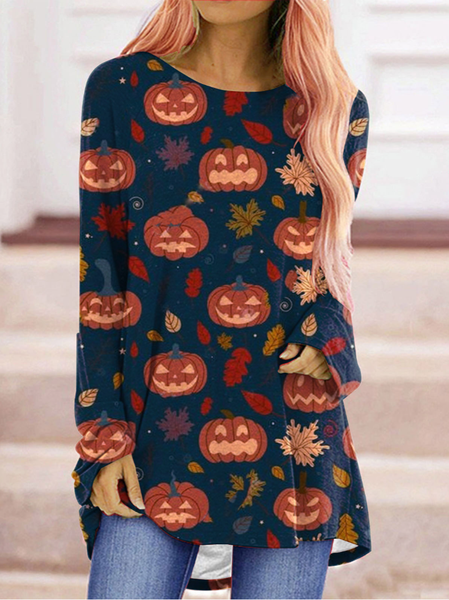 

Casual Halloween Loose T-Shirt, Deep blue, Long sleeves