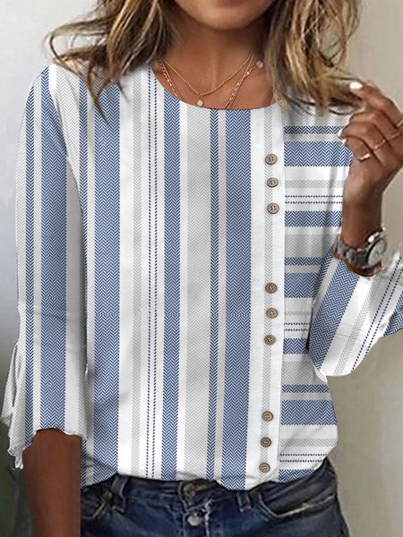 

Casual Buckle Flare Sleeve Striped Loose T-Shirt, Blue, T-Shirts