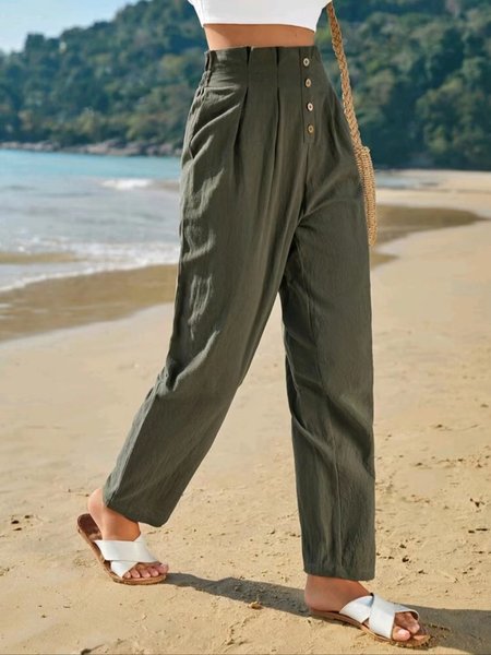 

Plain Loose Buckle Casual Pants, Army green, Pants