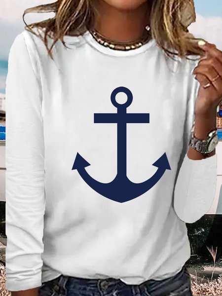 

Women's Casual Crew Neck Anchor Shirt, White, Long sleeves