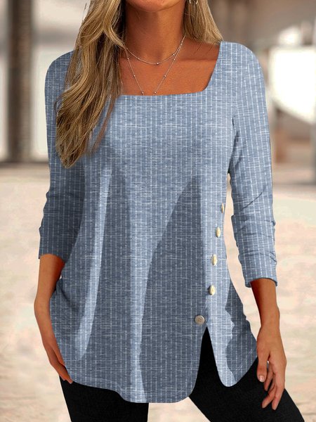 

Square Neck Buckle Casual T-Shirt, Blue, Long sleeves