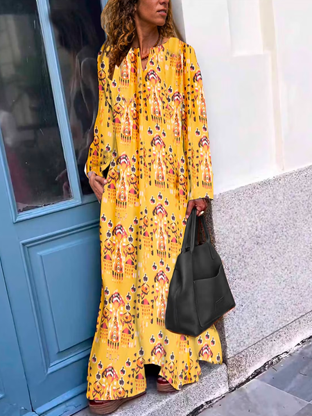 

Casual Loose V Neck Dress, Yellow, Dresses
