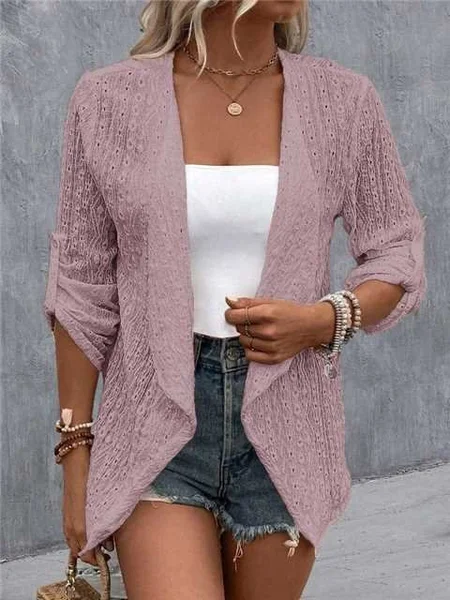 

Women Waterfall Collar Roll Tab Sleeve Casual Plain Hollow Out Open Front Cardigan, Pink, Coats