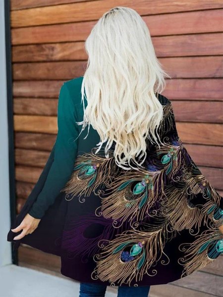 

Feather Pattern Casual Loose Wrap Kimono, Green, Cardigans