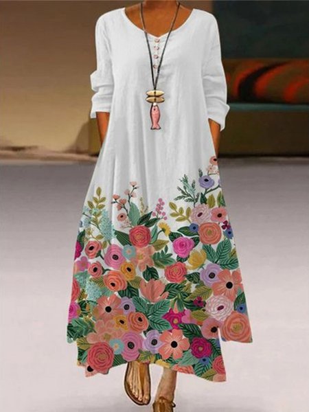 

Floral Loose Casual Crew Neck Dress, Gray, Dresses