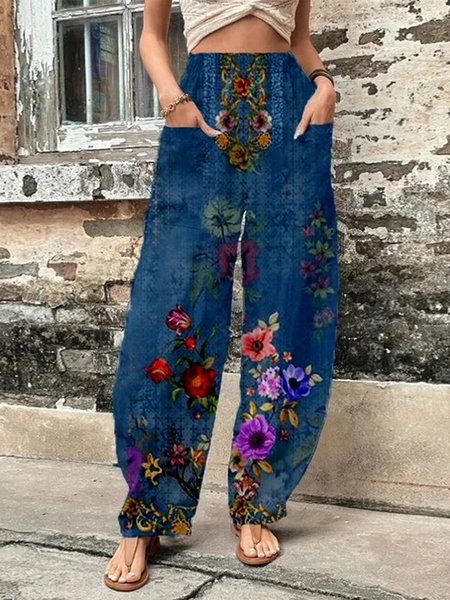 

Floral Loose Casual Pants, Blue, Pants