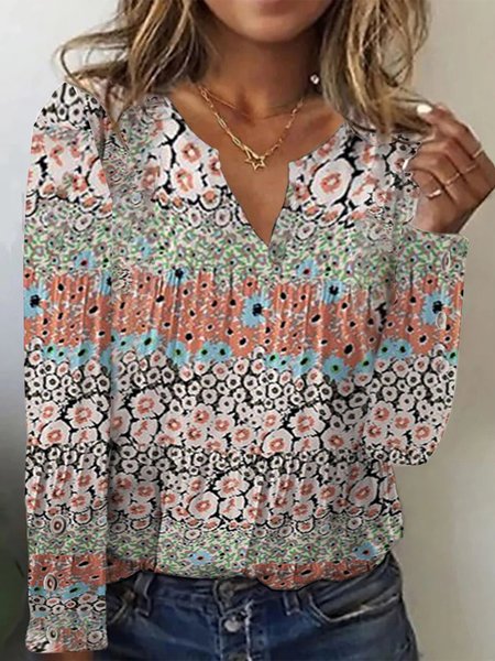 

Loose Notched Casual Floral T-Shirt, Green, T-Shirts