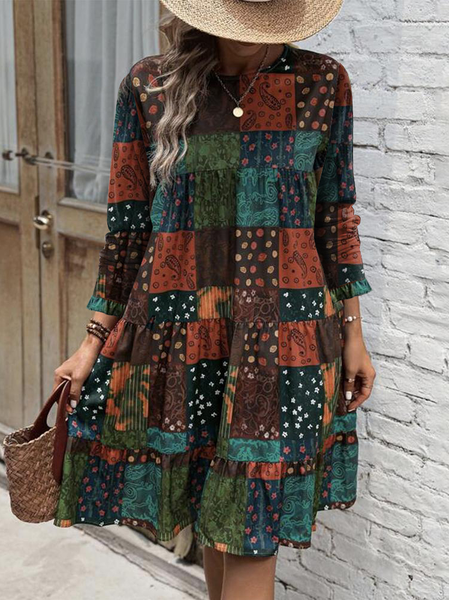 

Contrast Stitching Casual Crew Neck Midi Dress, Green, Dresses