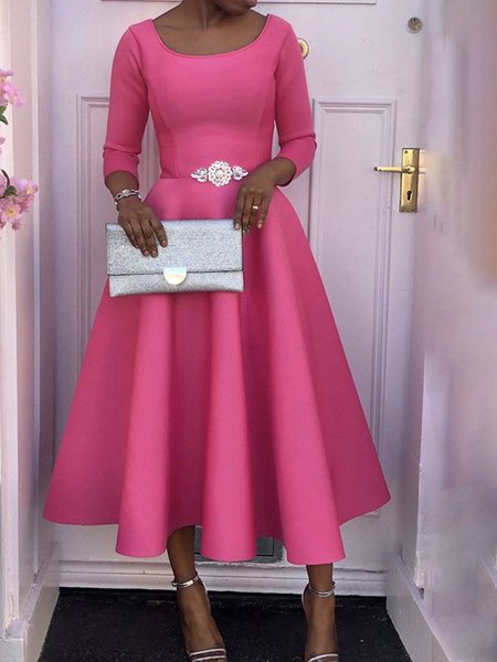 

Midi Daily Regular Fit Elegant Crew Neck Dress, Rose red, Midi Dresses