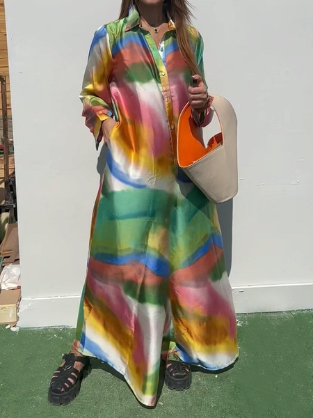 

Loose Shirt Collar Long Sleeve Urban Abstract Maxi Dress, As picture, Maxi Dresses