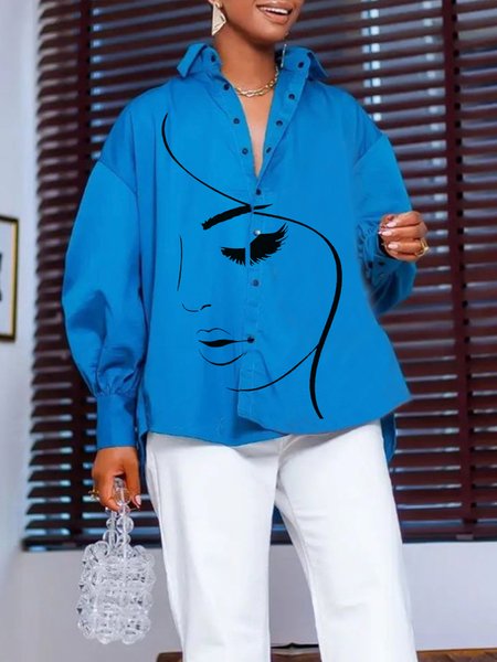 

Face Print Loose Urban Shirt Collar Blouse, Blue, Blouses and Shirts