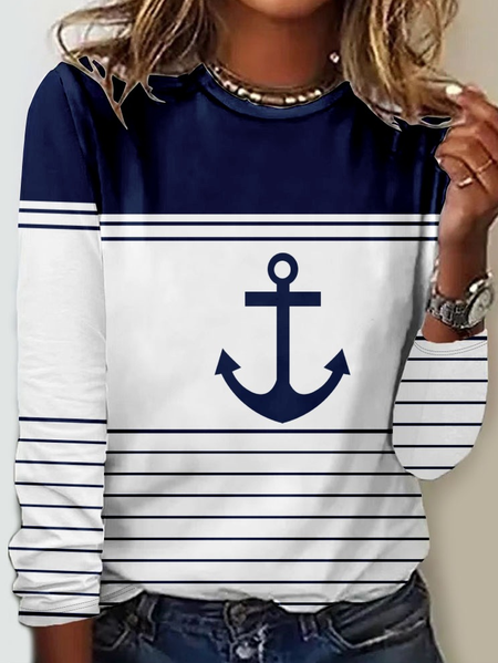 

Women's Crew Neck Casual Anchor Shirt, White, Long sleeves