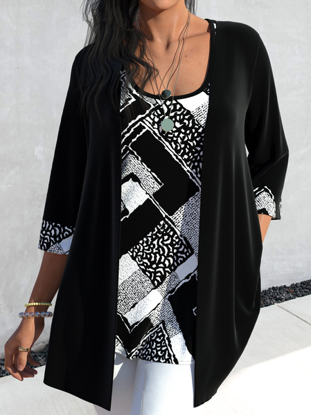 

Casual Loose Crew Neck Geometric Shirt, Black, Shirts & Blouses