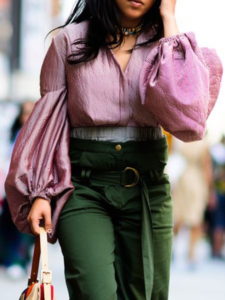 

Lantern Sleeve V Neck Striped Urban Blouse, Pink, Blouses and Shirts