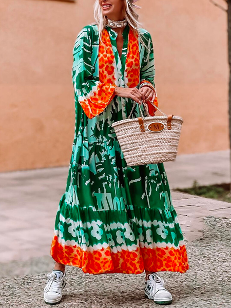 

Loose Color Block V Neck Casual Dress, Green, Dresses