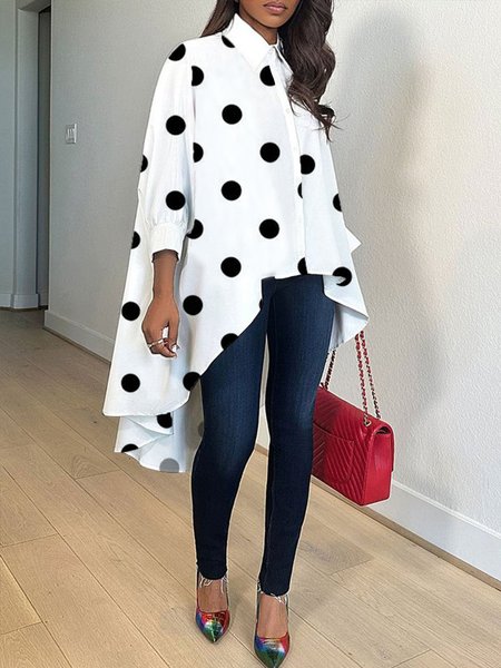 

Shirt Collar Urban Polka Dots Loose Asymmetrical Blouse, White, Blouses and Shirts