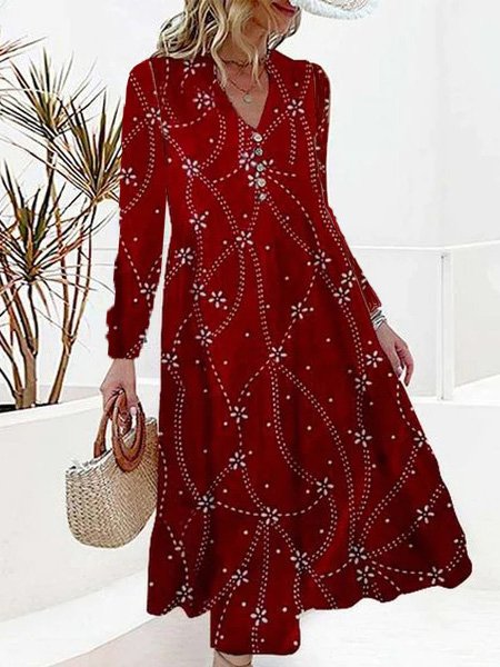 

Geometric Loose Casual V Neck Dress, Red, Dresses