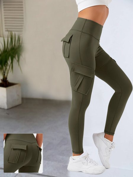 

Casual Tight Plain High Waisted Cargo Pocket Skinny Yoga Cargo Pants, Green, Pants