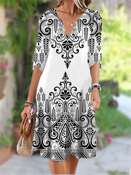 

V Neck Ethnic Casual Dress, White, Dresses