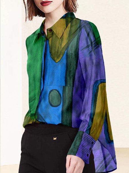 

Urban Loose Geometric Print Shirt Collar Blouse, As picture, Blouses and Shirts