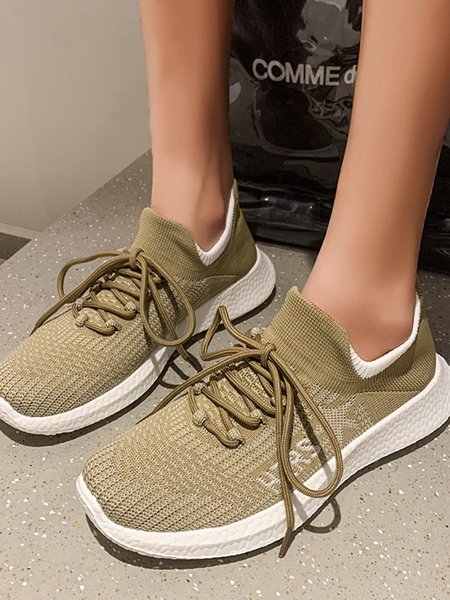 

Sports Plain Lace-Up Flat Heel Fly Woven Shoes, Camel, Sneakers&Athletic