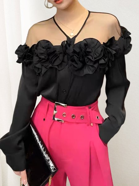 

Elegant V Neck Regular Fit Plain Blouse, Black, Blouses and Shirts